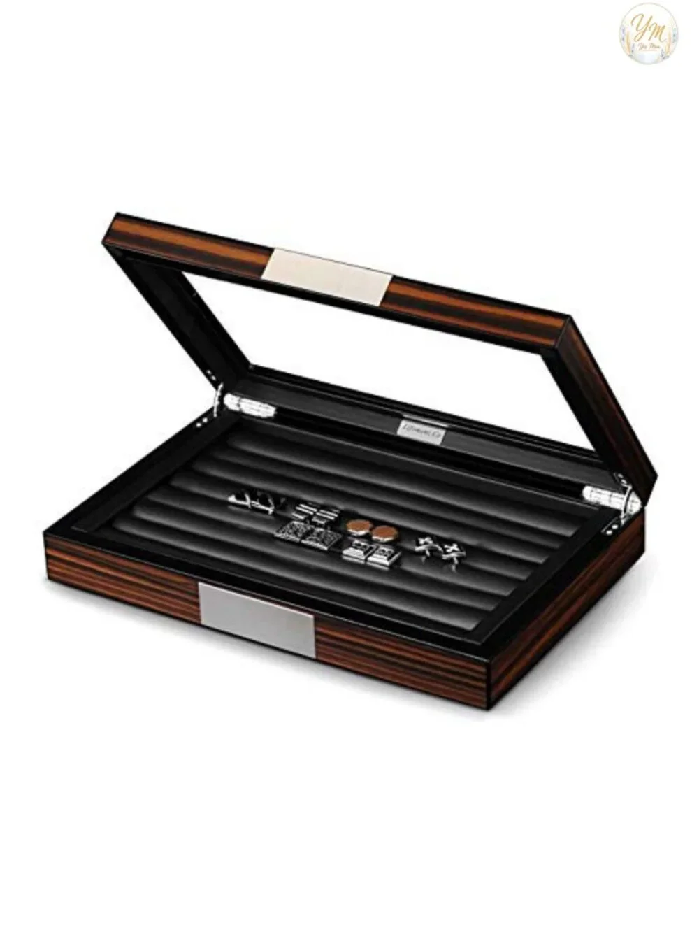 Men's Wooden Cufflink Box Organizer with Real Glass Window, Velvet Lined, 36-46